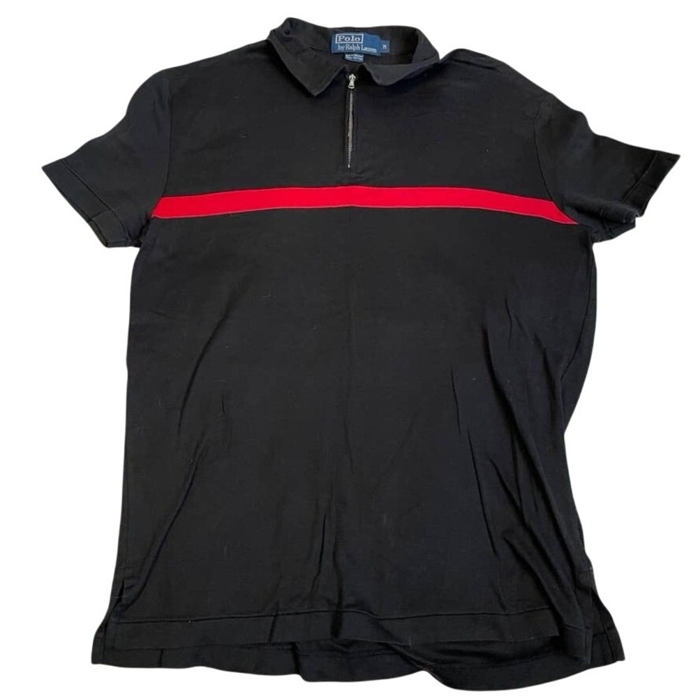 Polo Ralph Lauren Mens Black Red Stripe Quarter Zip Short Sleeve Polo Shirt M